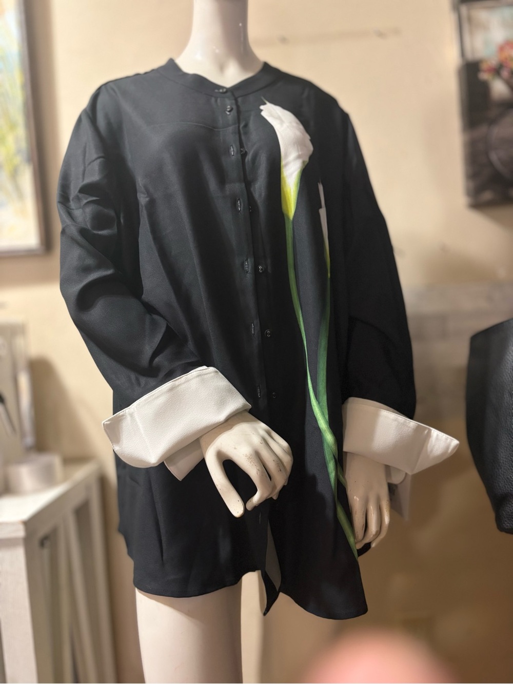 Victoria Beckham Black Button-Front Blouse with White Cuffs and Calla Lily
